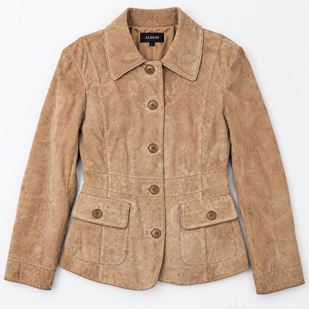 Alfani Womens Tan Suede Leather Button Front Blazer Jacket Size L Camel